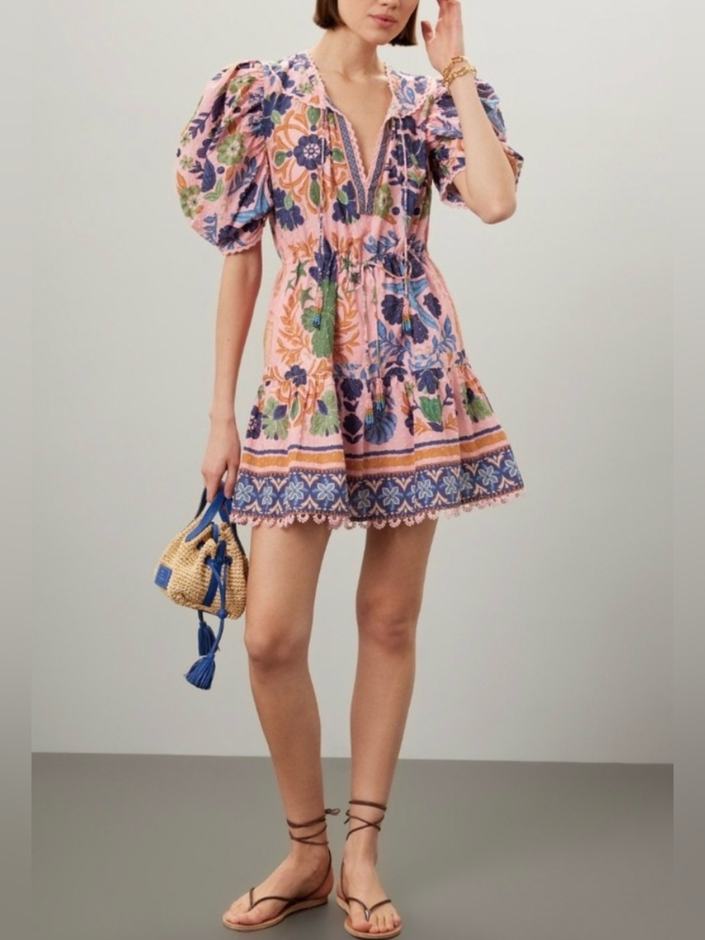 Farm Rio - Pink Tapestry Seashell Floral Puff-Sleeve Mini Dress - Size Small